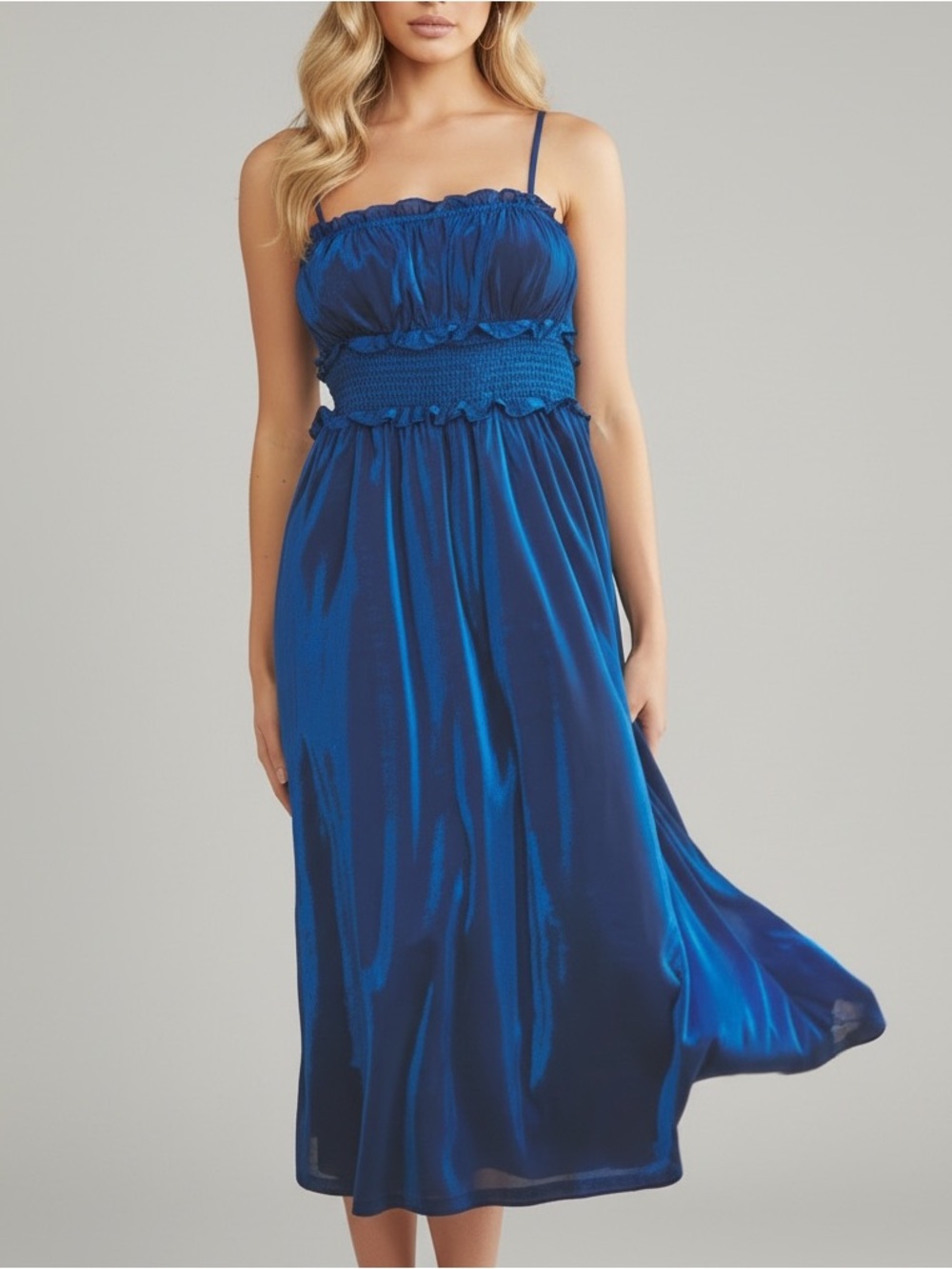 NWT SUGARLIPS Blue Shimmer Smocked Waist Adjustable Strap Flowy Midi Dress